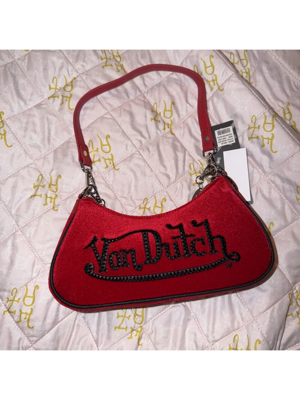 Von Dutch Red And Black Rhinestone Velour Shoulder Bag Hard To Find Purse NWT